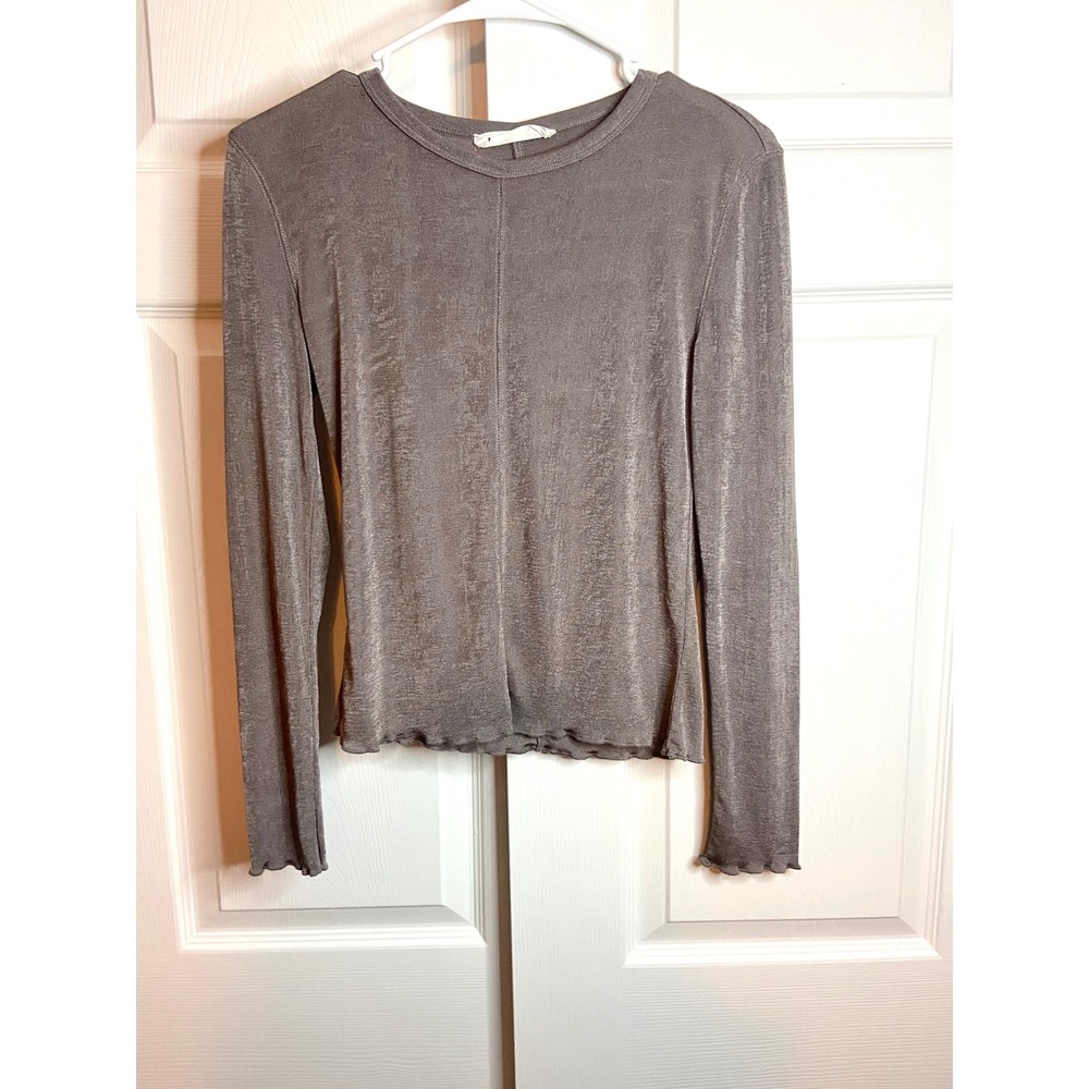 Elodie Metallic Taupe Brown Long Sleeve Lettuce Edge Stretch Fitted Basics